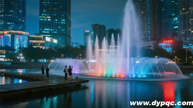 城市河道喷泉夜间倒映实景