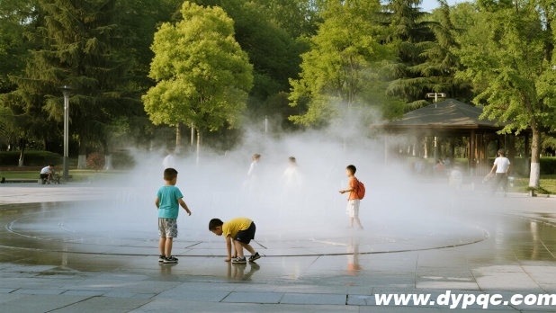 夏日广场旱喷泉水雾弥漫带来清凉感