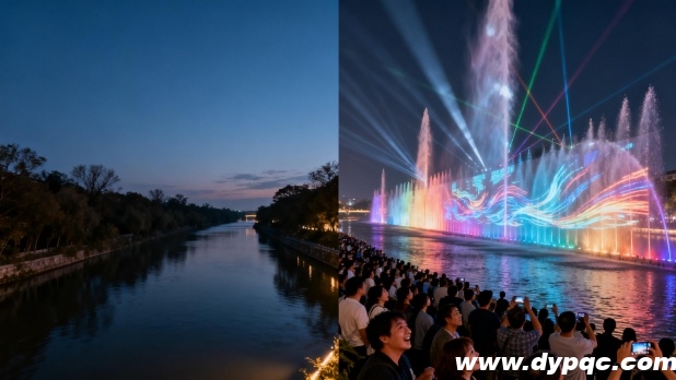 传统静态河道景观与河道音乐喷泉对比