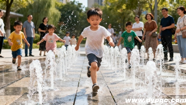 孩子们在低矮的喷泉水柱间奔跑穿梭