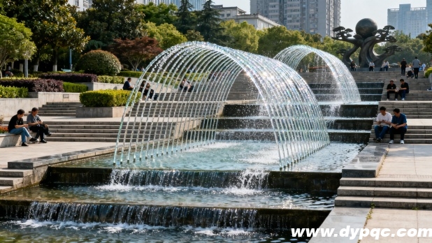 城市公共广场的多阶梯水池和波光泉