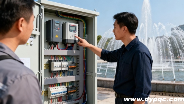 专业工程师向操作人员讲解喷泉控制柜