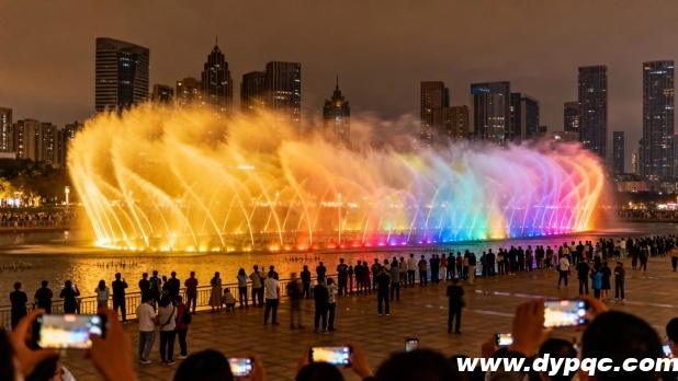 彩色水下LED灯光将喷泉水柱渲染成绚丽画卷