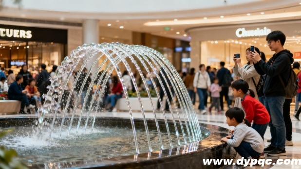 孩子们好奇地看着跃动的波光泉水柱