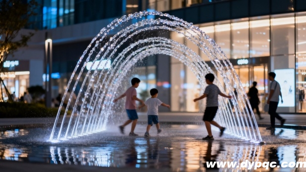 游客在商业广场的波光跳泉下穿梭互动