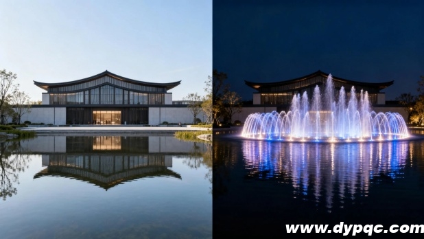 日间镜面水与夜景动态音乐喷泉对比