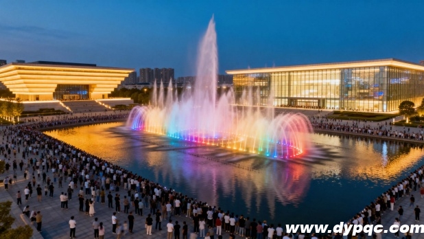 喷泉、灯光、建筑与人流构成富有活力的城市夜景
