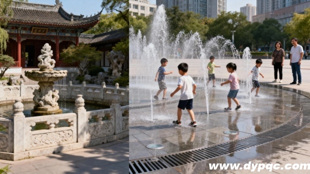 古典石雕水景到互动旱喷的过渡