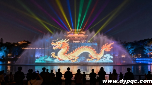 水幕激光表演与后方建筑虚实结合
