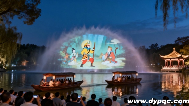 文旅景区湖畔夜晚水幕电影表演