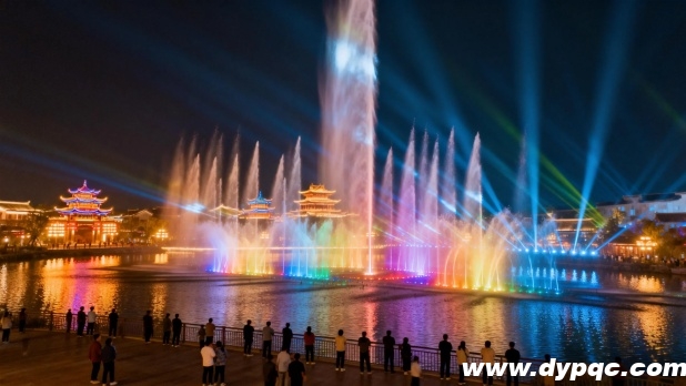 文旅景区人工湖音乐喷泉夜间表演