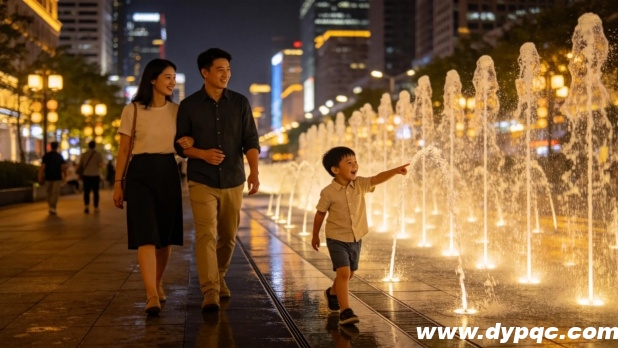 城市广场上喷泉与灯光交相辉映的温馨场景