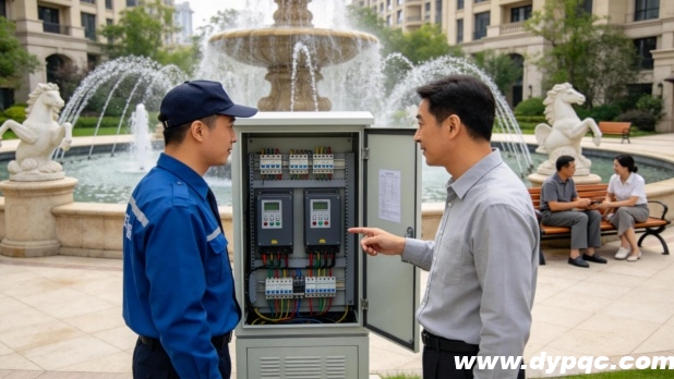 工程师向物业管理人员讲解喷泉使用方法