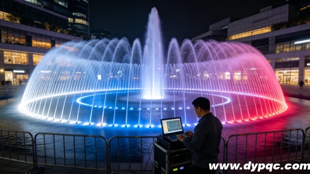 商业广场音乐喷泉夜间调试场景
