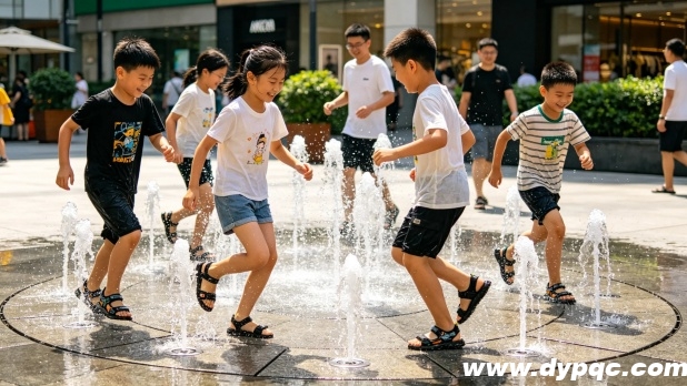 儿童在喷水的地面上跑动踩水 儿童在喷水的地面上跑动踩水